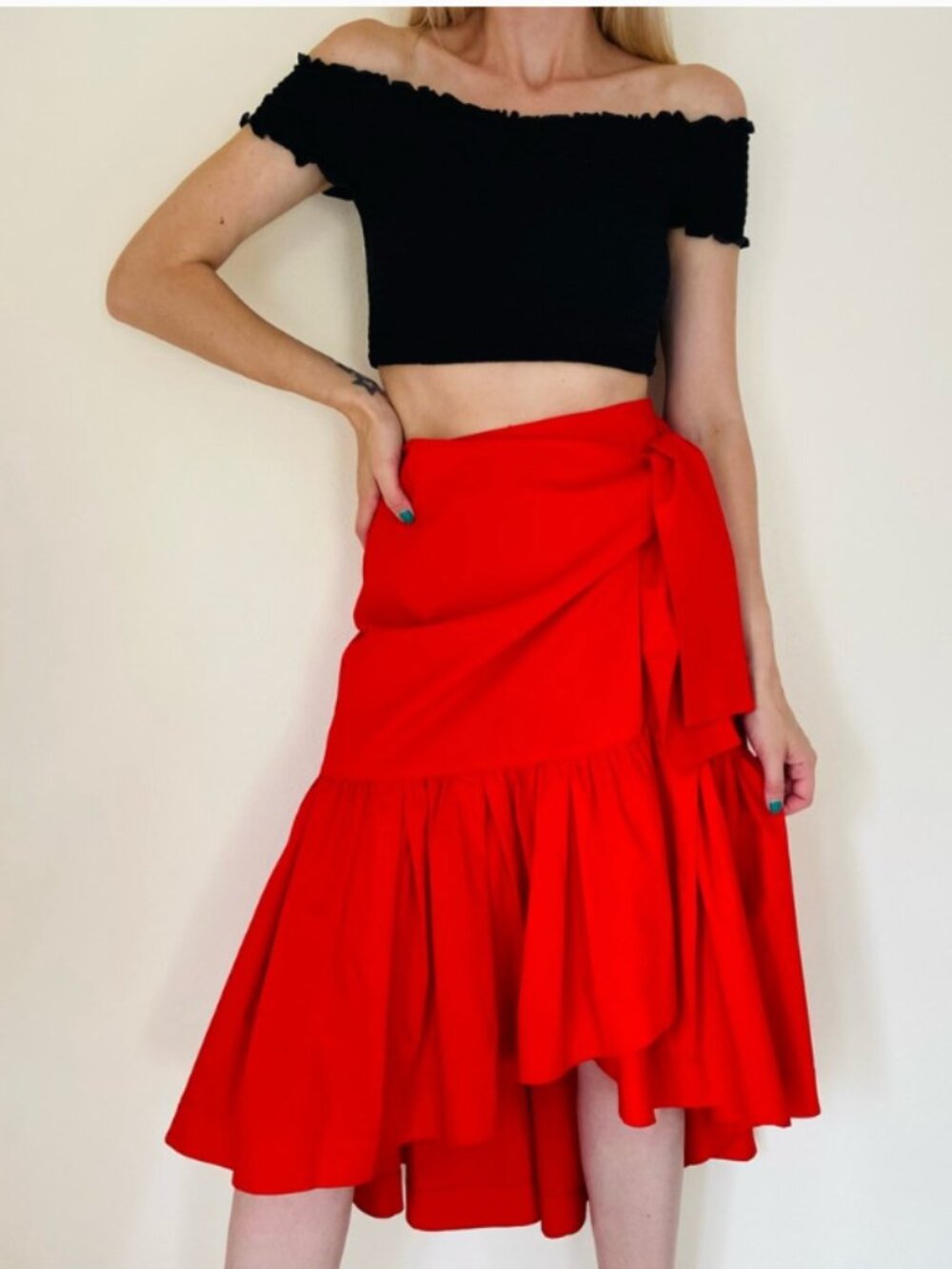 NEW Banana Republic Red Popplin Ruffle Wrap High-Low Tiered Skirt, 10 - Picture 7 of 9